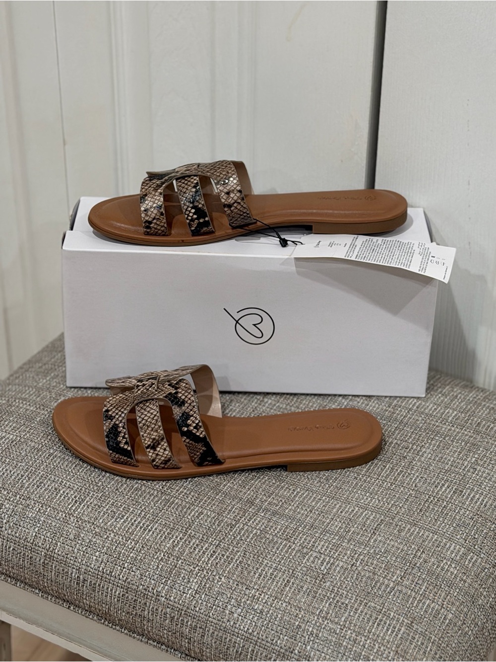 Snake-Print Triple-Strap Slide Sandals — Brown/Black